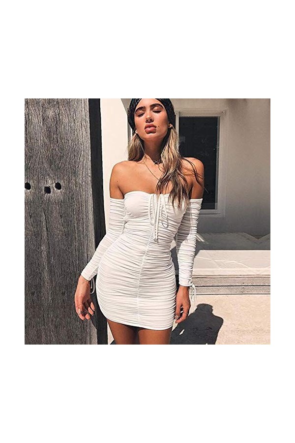 Robe Plissée À Cordon, Jupe Courte Ajustable À Manches Longues pour Le Printemps Et Lété, Jupe Sexy À La Hanche,Blanc,Large