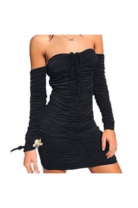 Robe Plissée À Cordon, Jupe Courte Ajustable À Manches Longues pour Le Printemps Et Lété, Jupe Sexy À La Hanche,Noir,Small