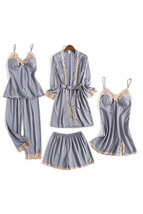 KUXUAN Ensembles de Pyjamas Sexy pour Femmes 5 Pièces - Jupe à Bretelles Sexy Short Chemise de Nuit Costume de Service à Domi