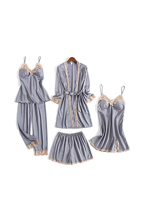 KUXUAN Ensembles de Pyjamas Sexy pour Femmes 5 Pièces - Jupe à Bretelles Sexy Short Chemise de Nuit Costume de Service à Domi