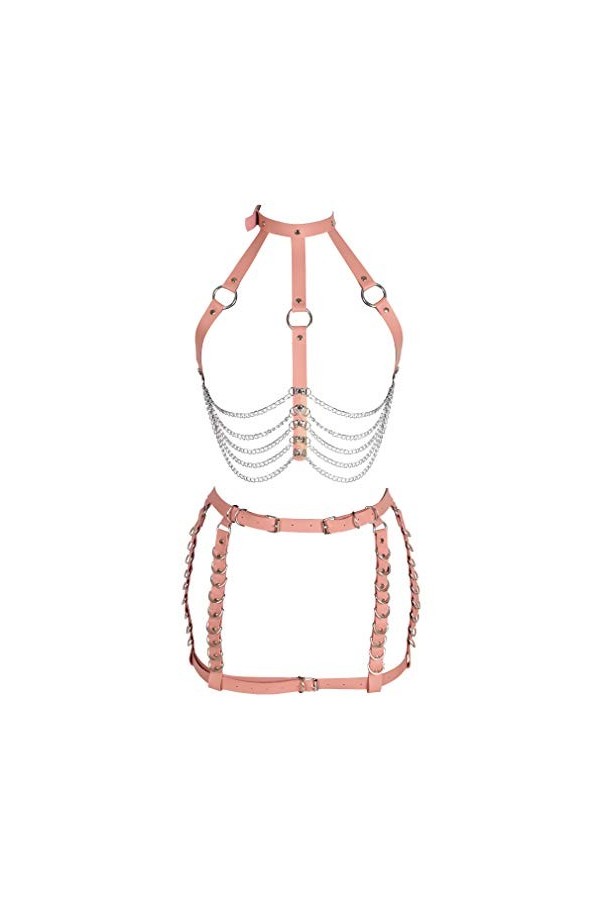 PETMHS Femmes Punk Cuir Corps Poitrine Harnais évider Cadre Ceintures chaîne en métal Gland Gothique Festival Danse Rave Cost