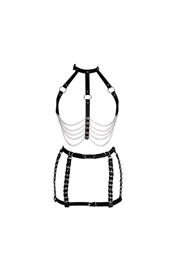 PETMHS Femmes Punk Cuir Corps Poitrine Harnais évider Cadre Ceintures chaîne en métal Gland Gothique Festival Danse Rave Cost
