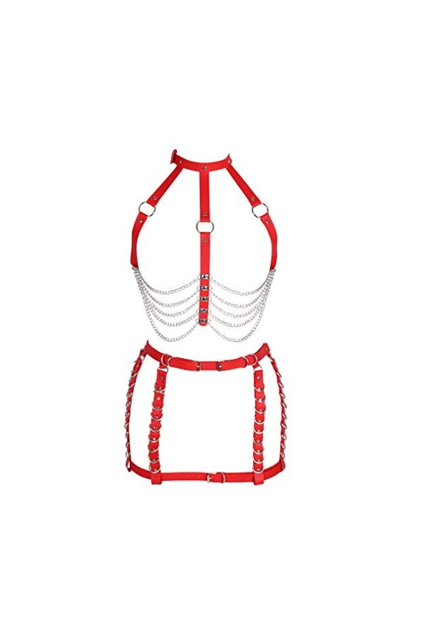 PETMHS Femmes Punk Cuir Corps Poitrine Harnais évider Cadre Ceintures chaîne en métal Gland Gothique Festival Danse Rave Cost