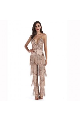 Sling Onesies pour Les Femmes Jumpsuits Clubwear, Encolure Tassel Sequin Mesh Pantalon Sexy Barboteuses Streetwear Cocktail C