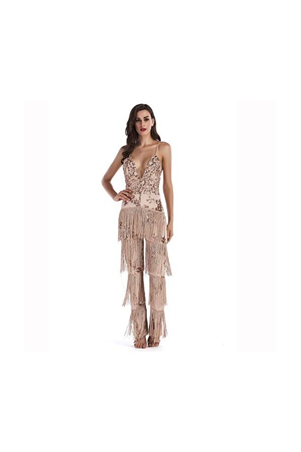 Sling Onesies pour Les Femmes Jumpsuits Clubwear, Encolure Tassel Sequin Mesh Pantalon Sexy Barboteuses Streetwear Cocktail C
