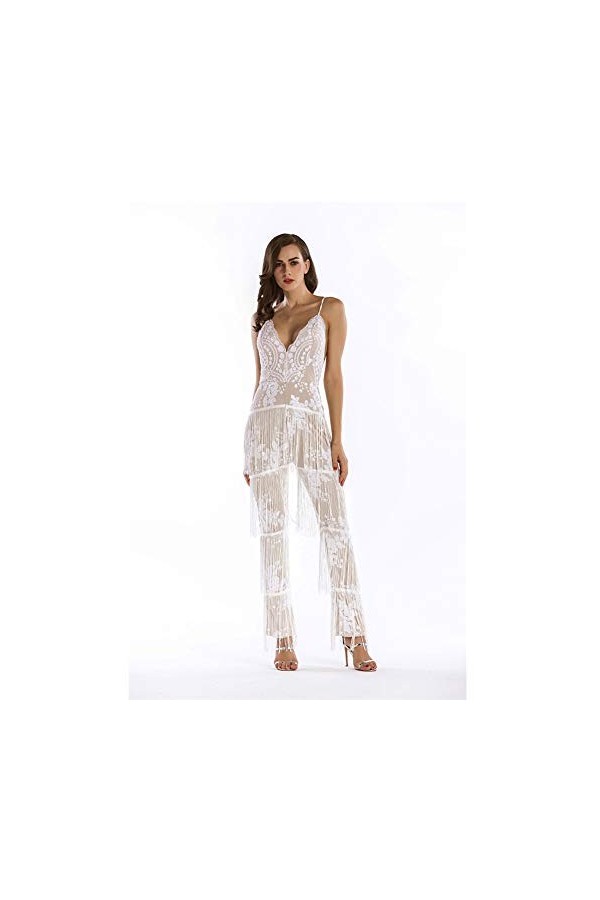 Sling Onesies pour Les Femmes Jumpsuits Clubwear, Encolure Tassel Sequin Mesh Pantalon Sexy Barboteuses Streetwear Cocktail C