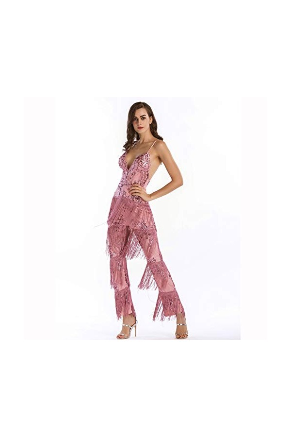 Sling Onesies pour Les Femmes Jumpsuits Clubwear, Encolure Tassel Sequin Mesh Pantalon Sexy Barboteuses Streetwear Cocktail C