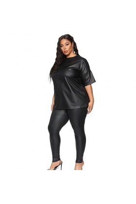 DCIUSTFHE Femmes Sexy Noir Cuir PU Manches Courtes En Cuir Et Pantalon En Cuir Ensemble 2 Pièces Boîtes De Nuit Bars DS Scène