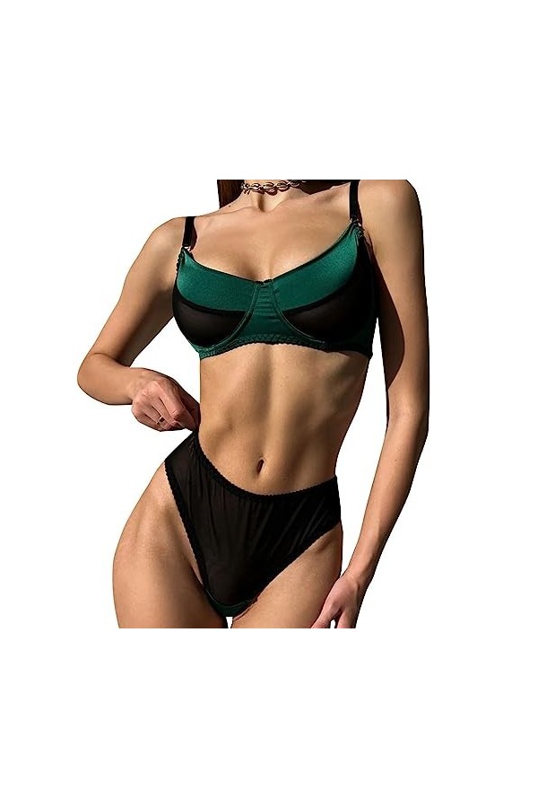 ZTIANEF NoëlSexy Paneled Mesh with Underwired Erotic Lingerie Set, Green, XL