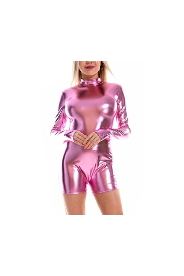 DCIUSTFHE Femmes Sexy Estampage Cuir Verni Manches Longues Col Ras du Cou Invisible Fermeture Éclair Combinaison Moulante Boî