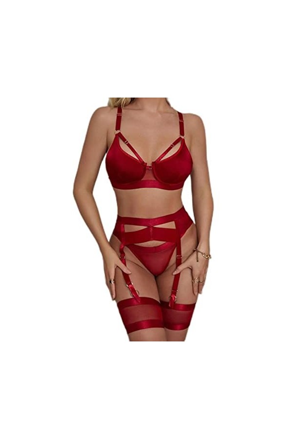 CHOUBAGUAI Lingerie gothique sexy pour femme avec découpe culotte noire 3 pièces à armatures Violet M