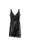 Robe en cuir verni effet mouillé pour femme avec ceinture et large bretelles, noir, XL