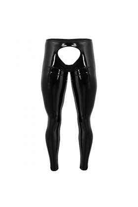 Lingerie sexy pour homme en cuir verni brillant avec dos ouvert et poche ouverte Noir Taille XXXL