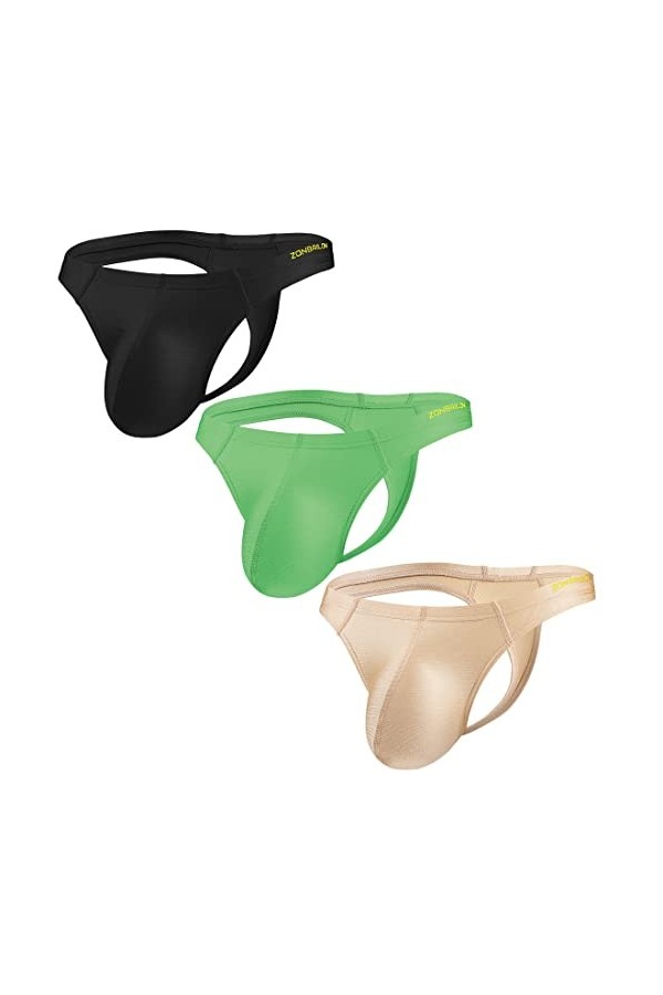 ZUOLAIYIN String Sexy pour Homme avec Grande Poche - Dos en T - Taille M L XL XXL, Lot de 3 - Noir/Vert/Abricot, M
