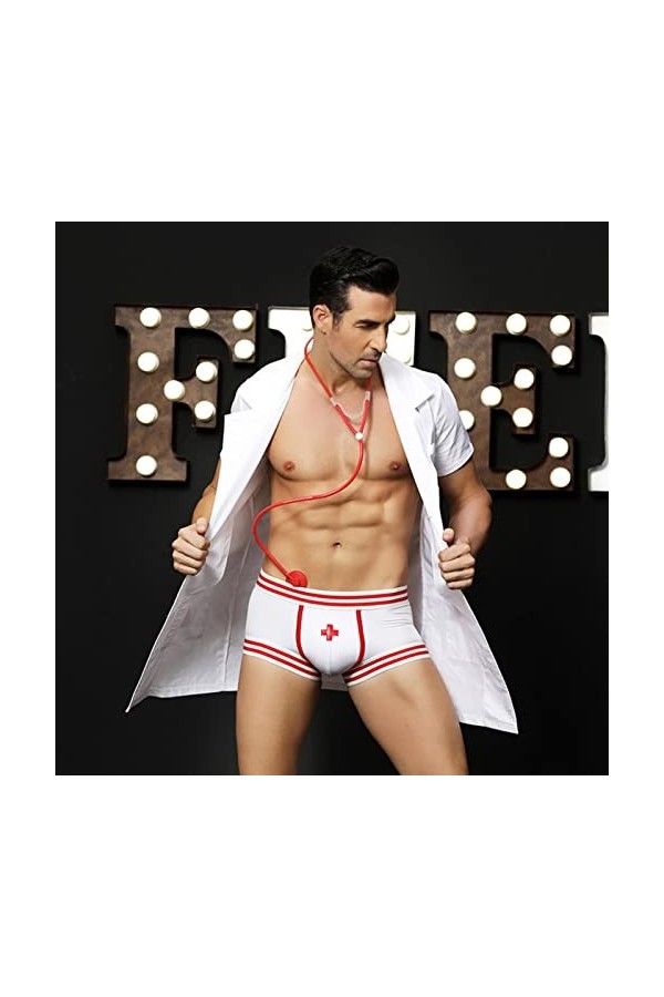 Wdhybwcx Lingerie Sexy pour Hommes Costumes de Docteur Sexy Costume de Jeu de rôle Blanc pour la fête Erotic Doctor Man-6602,