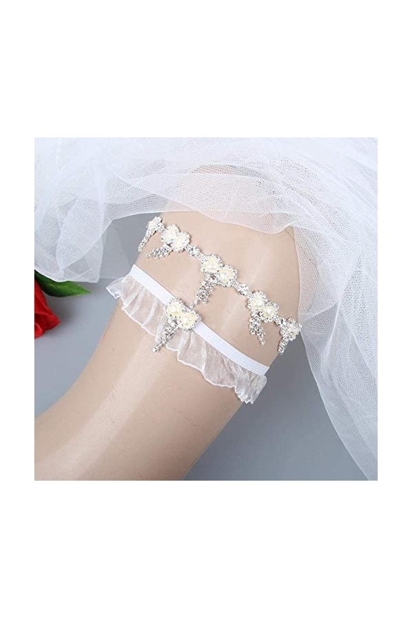 NC Jarretière en Cristal de Mariage, Jambes de Mariage avec Maille Extensible de Luxe et Porte-Jarretelles en Strass-Blanc 5p