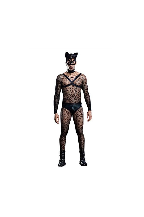 Uniforme Masculin De Chat en Maille Transparente Sexy en Une Pièce, Costume en Filet pour Hommes, Collants en Dentelle Floral