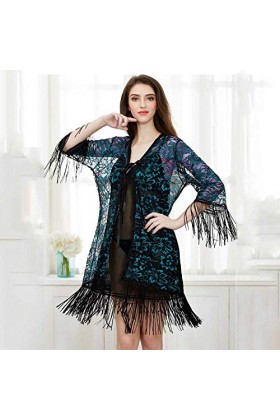 LLSS Ensemble de Pyjamas 3 pièces Homewear Lingerie Sexy à Manches Longues en Dentelle Sling Nightdress Ensemble de vêtements