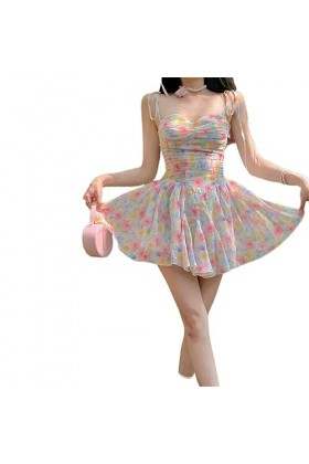 ZYSWCHB Robe dété Mini Robe dété à imprimé Floral pour Femmes, Collier de Perles, sans Manches, à Volants, Slim, Camisole 