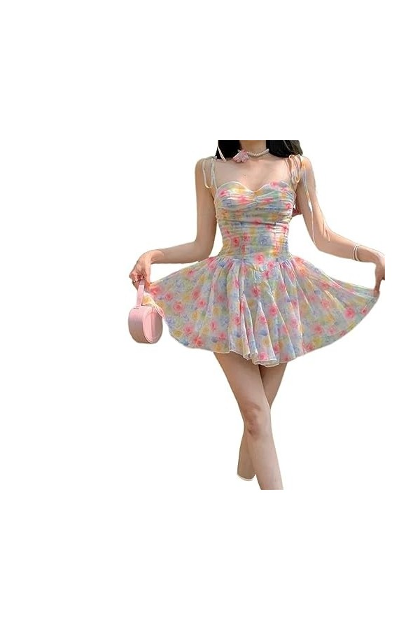 ZYSWCHB Robe dété Mini Robe dété à imprimé Floral pour Femmes, Collier de Perles, sans Manches, à Volants, Slim, Camisole 