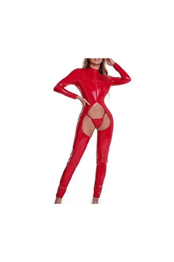 LYJACBDF Femmes Latex éRotique Robe Lingerie Fermeture éclair Manches Longues Sexy Entrejambe Ouvert Jeu de RôLe éVider Simil