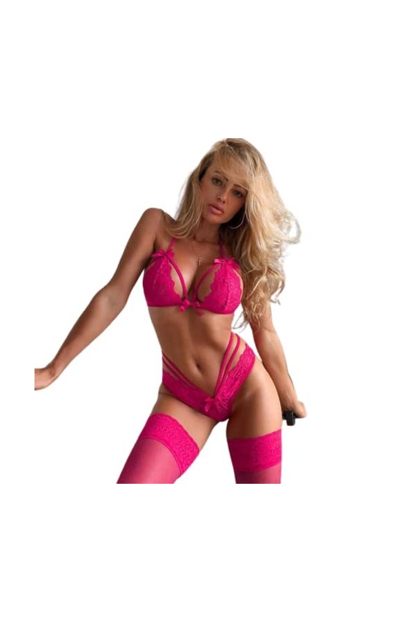 NA Ensemble de Lingerie pour Femme Body Chaussettes Femme Babydoll et Pyjama Dos Nu Lingerie Bow Lace Lace Set Rose XXL 