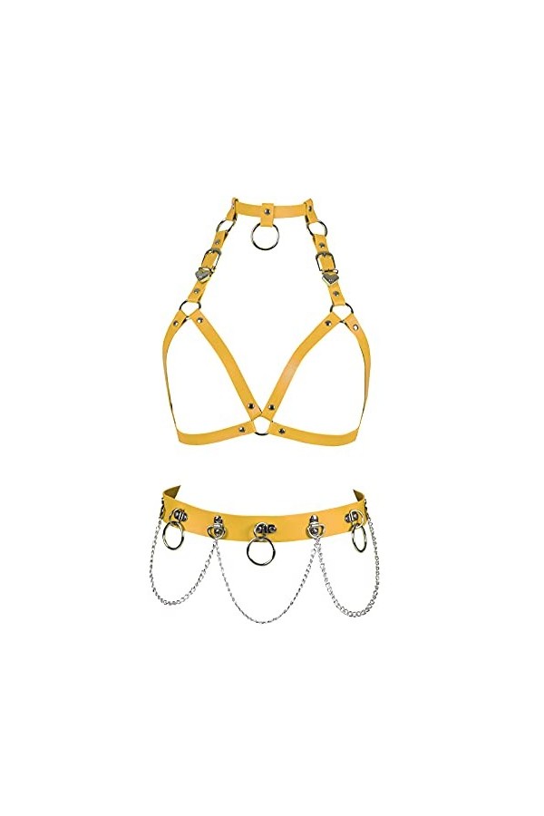 BBOHSS Ceinture de harnais Punk en cuir pour femmes soutien-gorge chaîne en métal porte-jarretelles ensemble gothique carnava