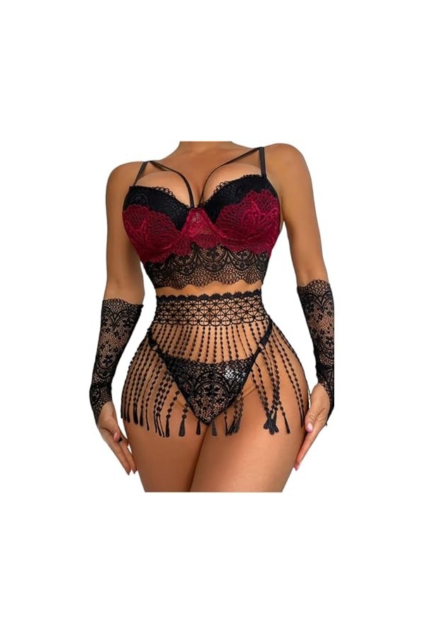 Générique Ensamble Safira Lingerie Sexy Costume Noir Rouge haute qualité 4 piece