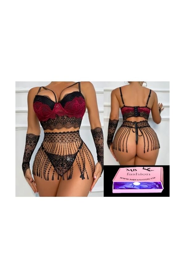 Générique Ensamble Safira Lingerie Sexy Costume Noir Rouge haute qualité 4 piece