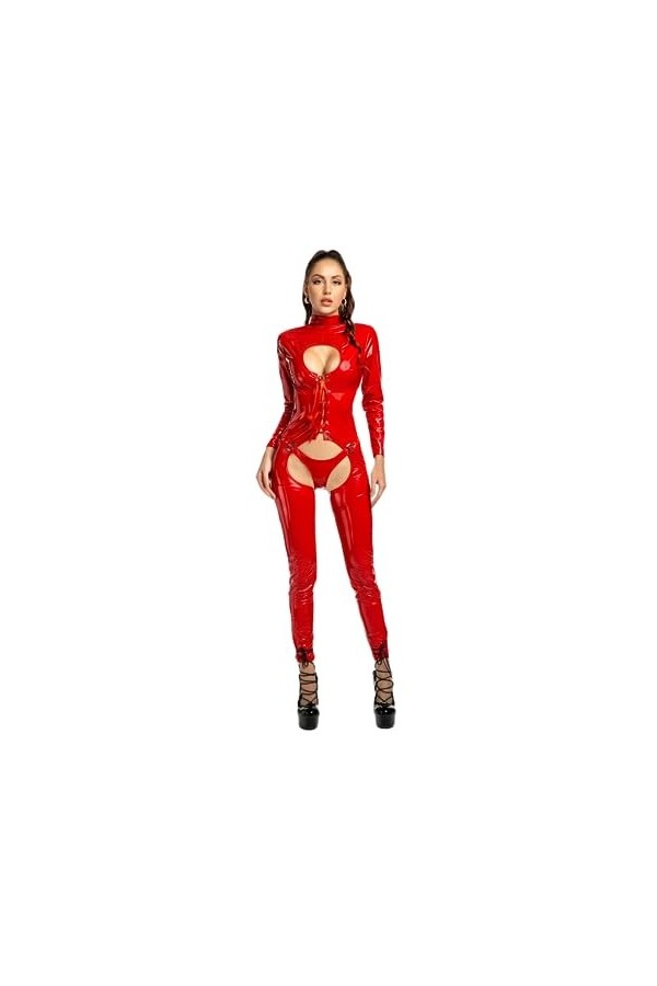 ZTIANEF Costumes Sexy Femme Lingerie Sexy Femme Sexy Hollow Out Jumpsuit Costume Exotique Lingerie Body Clubwear,Rouge,M