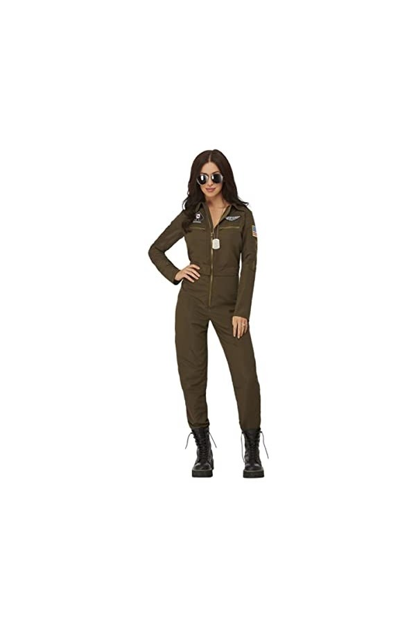 Top Gun Maverick Ladies Aviator Costume, Green, with Jumpsuit & Changeable Name Badges