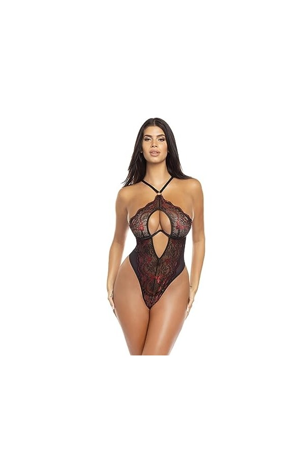 Oh là là Chéri Justaucorps en dentelle avec anneau en O pour femme, Noir/Rouge, small/medium