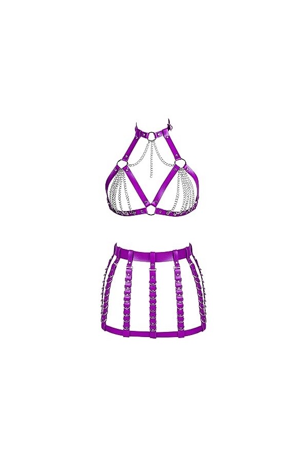 Femmes Body Strap Cuir Soutien - Gorge élégant évidé sans Tasse Garter Set Punk Gothique Halloween Rave Costume 4 Rose Rouge