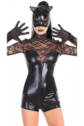 JYDQM Robe De Night-Club Vêtements en Cuir Dentelle Robe Cosplay Catwoman Pole Dancing DS Costumes en Cuir Verni PVC Salopett