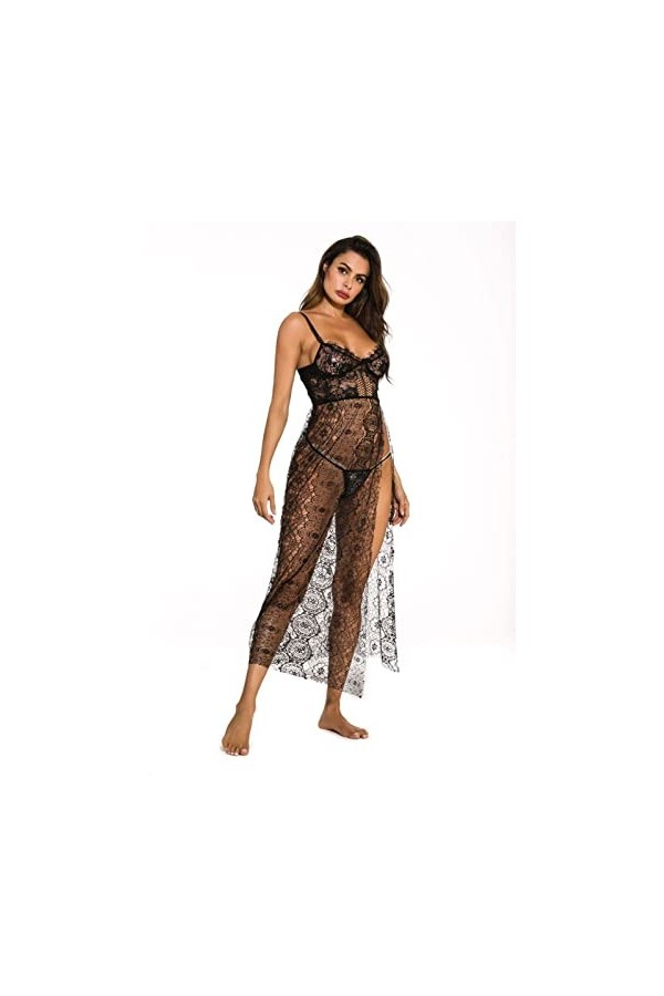 ZTIANEF La grilleLingerie érotique Pyjama Chemisier Sexy Robe de Chambre Confortable, Noir, M