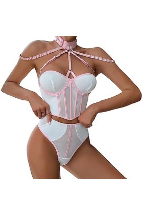 VETCS Lingerie Sexy pour Femmes Maille Transparente Joint Torique Lié Soutien-Gorge Bralette à Bretelles et Culotte Coquine E