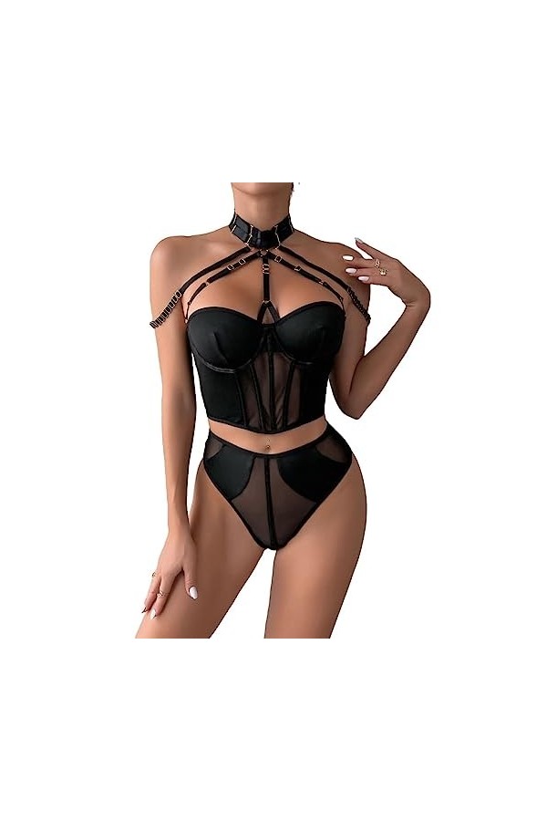 VETCS Lingerie Sexy pour Femmes Maille Transparente Joint Torique Lié Soutien-Gorge Bralette à Bretelles et Culotte Coquine E