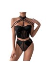 VETCS Lingerie Sexy pour Femmes Maille Transparente Joint Torique Lié Soutien-Gorge Bralette à Bretelles et Culotte Coquine E