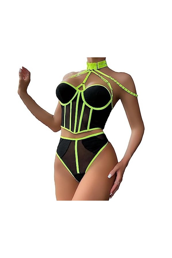 VETCS Lingerie Sexy pour Femmes Maille Transparente Joint Torique Lié Soutien-Gorge Bralette à Bretelles et Culotte Coquine E