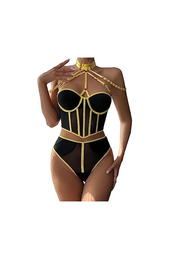 VETCS Lingerie Sexy pour Femmes Maille Transparente Joint Torique Lié Soutien-Gorge Bralette à Bretelles et Culotte Coquine E