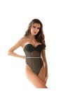 L-XL Bodystocking une pièce en maille noire avec armatures et ceinture diamantée