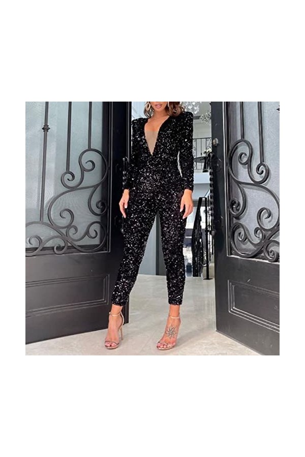 Générique Combinaison Noire à Sequins et col en V pour Femmes Combinaison Latex Sexy