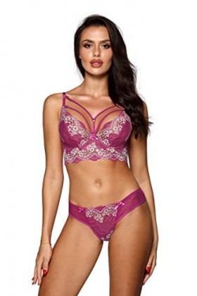 Axami Soutien-gorge bustier demi-corset pour femme en fuchsia avec dentelle blanche, fuchsia, S