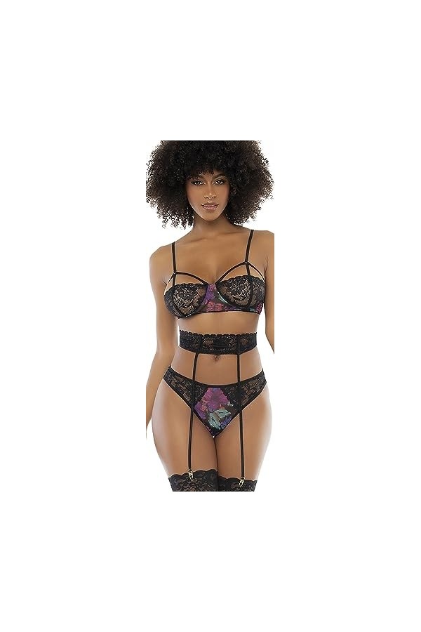 Deux-en-Un, Nuisette et Ensemble Trois pièces Noir, Tissu Fleur Exotique - MAL7496PRT - S/M, Imprimé Floral