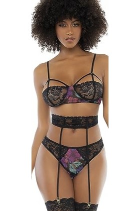 Deux-en-Un, Nuisette et Ensemble Trois pièces Noir, Tissu Fleur Exotique - MAL7496PRT - L/XL, Imprimé Floral