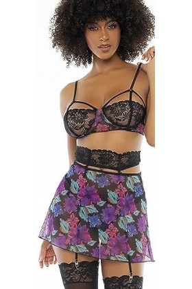 Deux-en-Un, Nuisette et Ensemble Trois pièces Noir, Tissu Fleur Exotique - MAL7496PRT - L/XL, Imprimé Floral