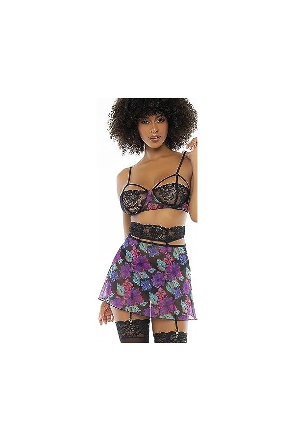 Deux-en-Un, Nuisette et Ensemble Trois pièces Noir, Tissu Fleur Exotique - MAL7496PRT - L/XL, Imprimé Floral