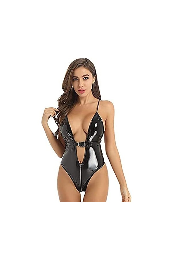 Catsuit En Cuir Verni Pour Femme Costume De Performance Wetlook Clubwear Brillant Et Sexy,Noir,Grand