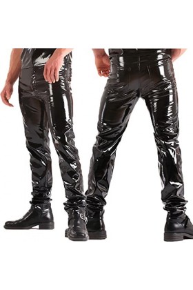 TGHYAGK Hommes Sexy Le Noir Cuir Verni Long Pantalon en Cuir Boîte De Nuit Bar DS Organiser Déguisements,Noir,XL