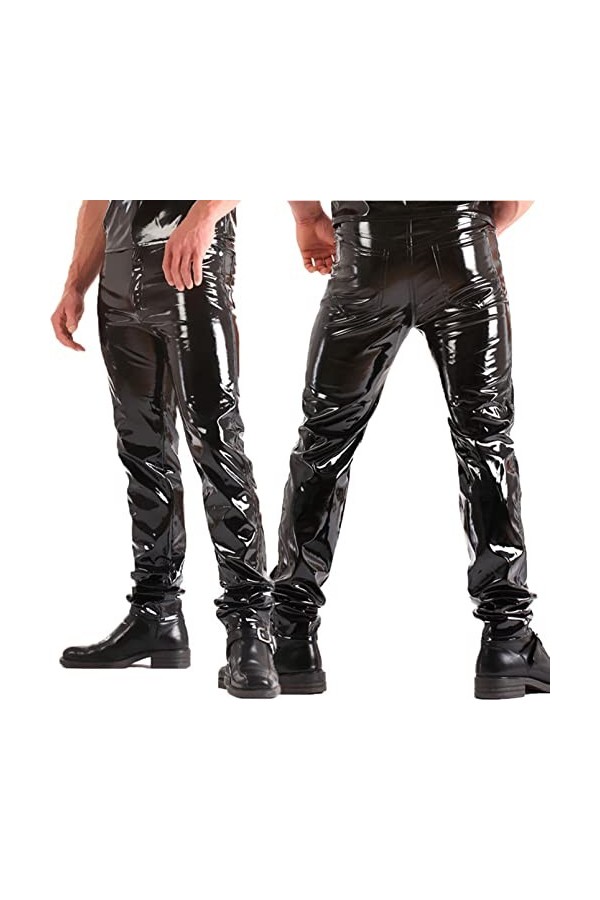 TGHYAGK Hommes Sexy Le Noir Cuir Verni Long Pantalon en Cuir Boîte De Nuit Bar DS Organiser Déguisements,Noir,XL